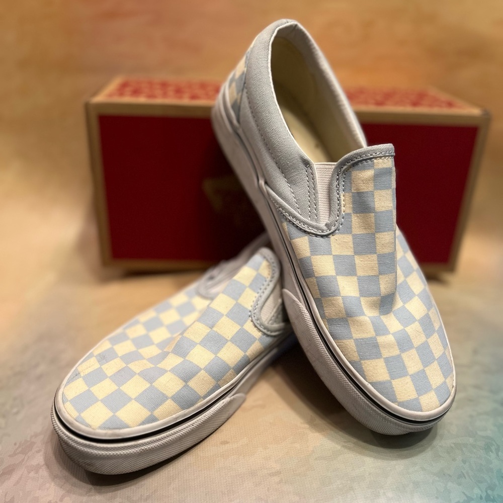 CLASSIC VANS! Powder Blue and White checkered slip-ons - size 7.5.